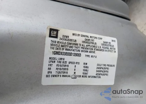 2003 Pontiac Montana M16 W/1Sv Pkg. z USA, uszkodzony, nr VIN 1GMDX03E83D129083